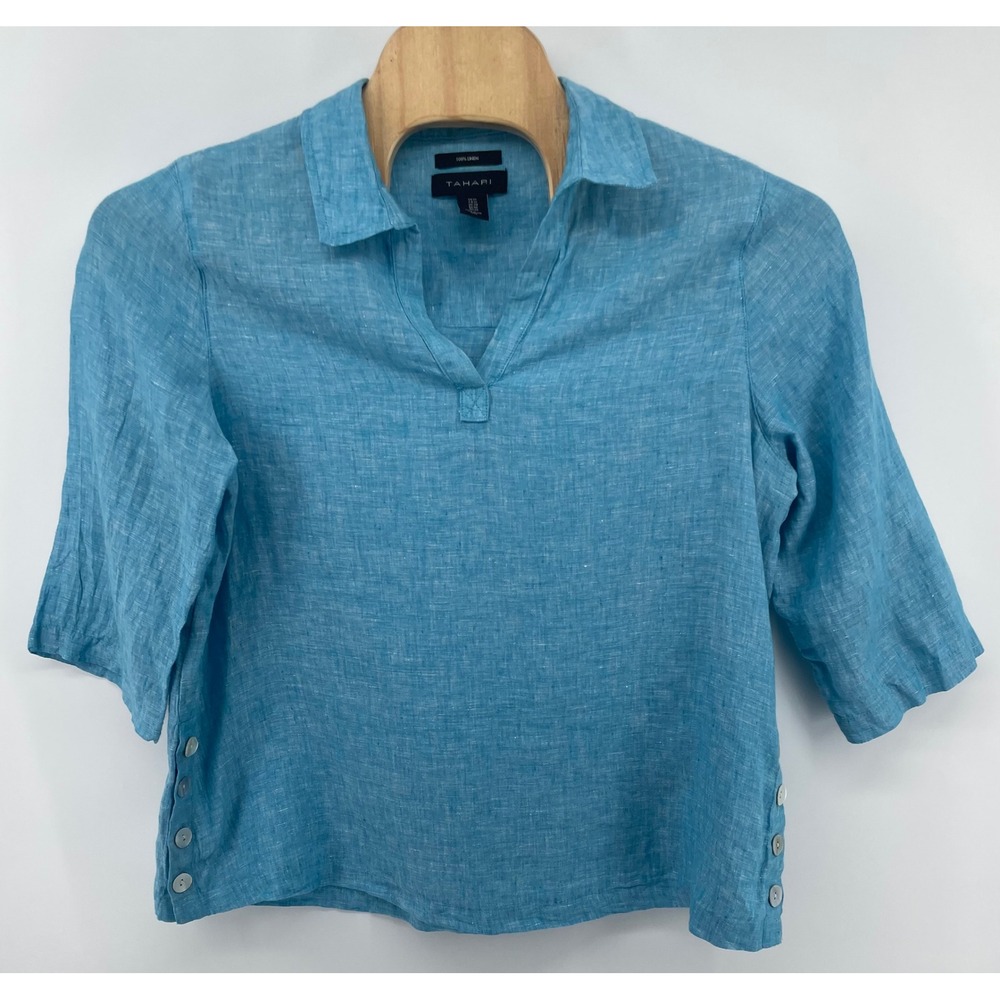 Tahari Blouse Women 1X Blue 100% Linen Split Neck Side Button Coastal Nautical